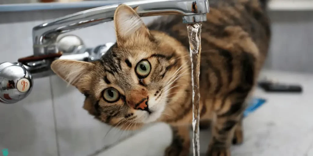 cat attempting to drink water from a tap